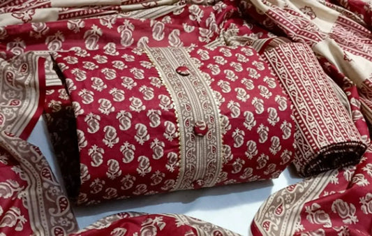 Stylish Fancy Cotton Unstitched Dress Material Top With Bottom Wear And Dupatta Set For Women