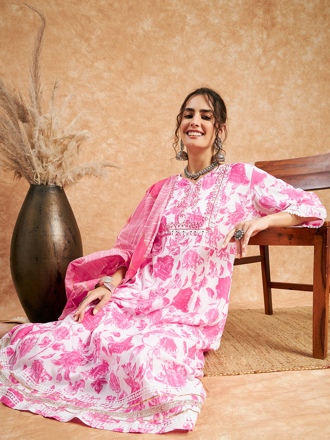 Pink Floral Printed Kurta With Trouser Dupatta
