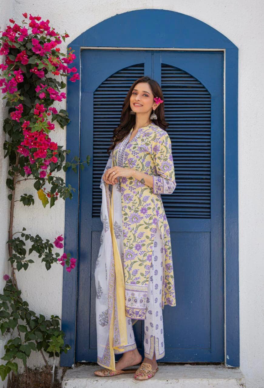 A-Line Cotton Kurta Pant Dupatta For Women