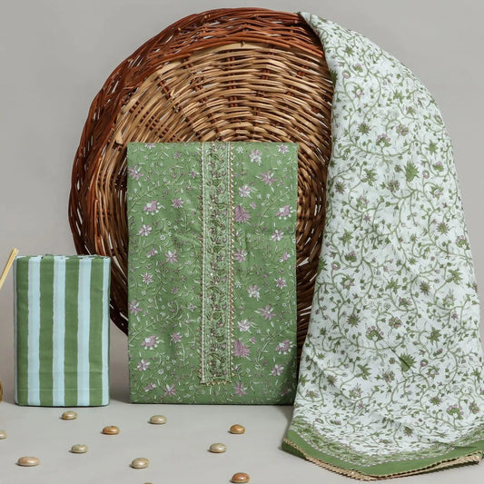 Elegant Green Cotton Printed Dress Material with Dupatta For Women