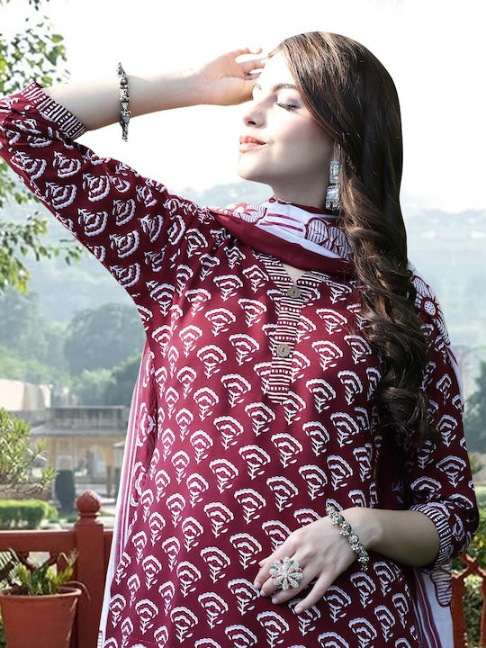 Ethnic Motifs Printed Pure Cotton Kurta with Trousers & Dupatta