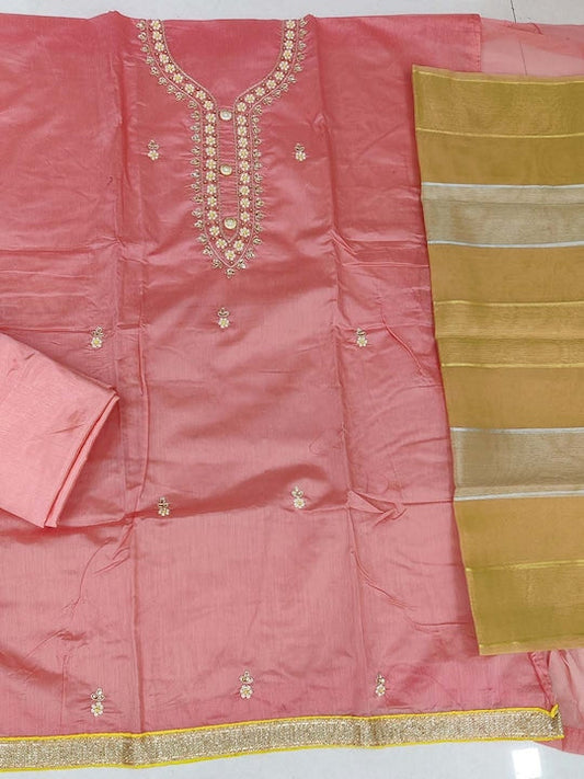 Peach Chanderi Silk Embellished Dress Material with Dupatta For Women
