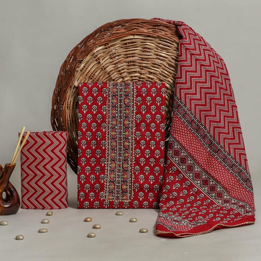 Elegant Red Cotton Printed Dress Material with Dupatta For Women