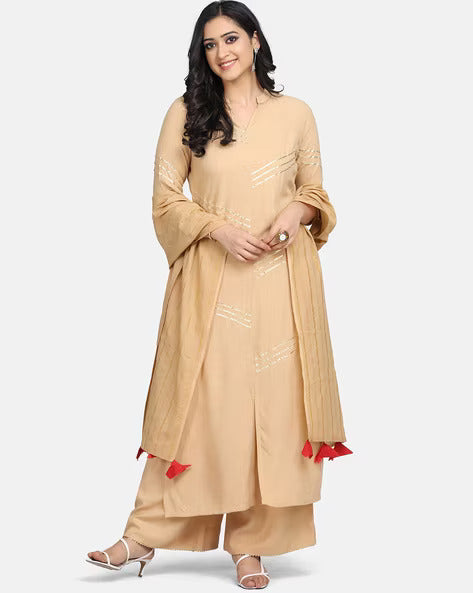 Stylish Rayon Peach Lace Kurta with Palazzo and Dupatta Set