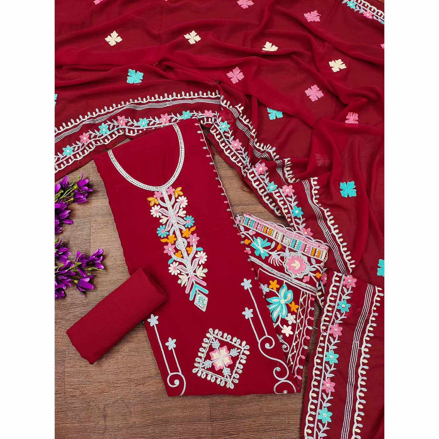 Festive Floral Sequins Embroidered Georgette Dress Material