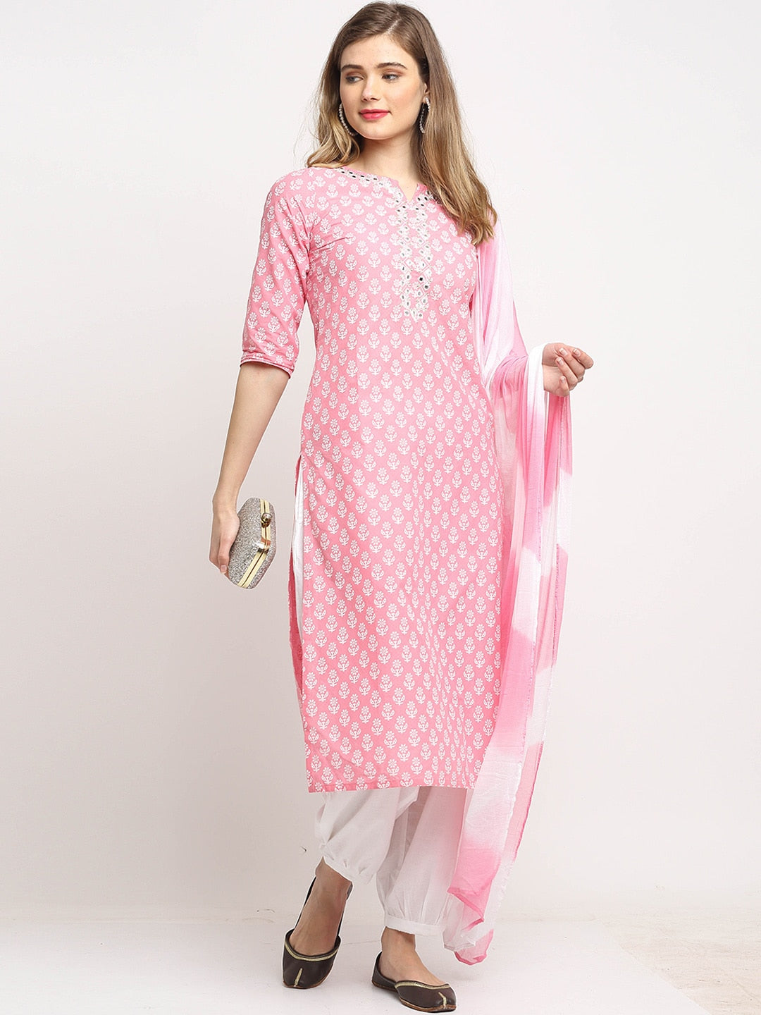 Women Pink Floral Printed Mirror Work Pure Cotton Kurta with Trousers & With Dupatta