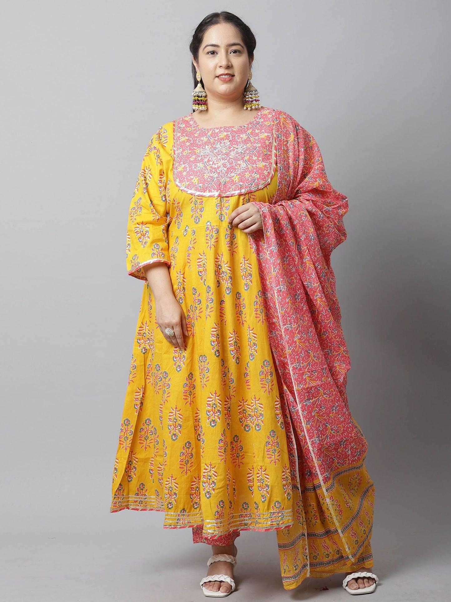 Women Cotton Printed Plus Size Kurta with Dupatta Yellow & Pink