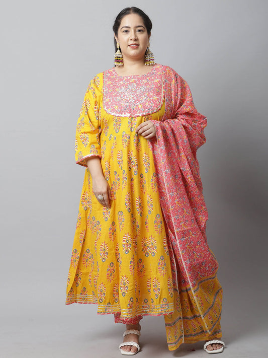 Women Cotton Printed Plus Size Kurta with Dupatta Yellow & Pink