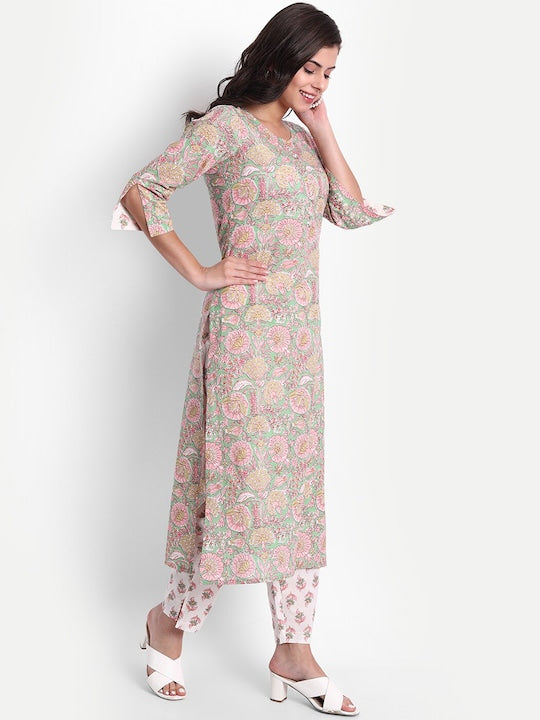 Women Ethnic Motifs Pure Cotton Kurti with Salwar & With Dupatta