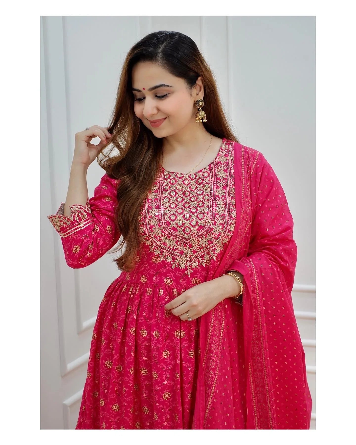 Rani Colour cotton printed kurti with Sharara and dupatta