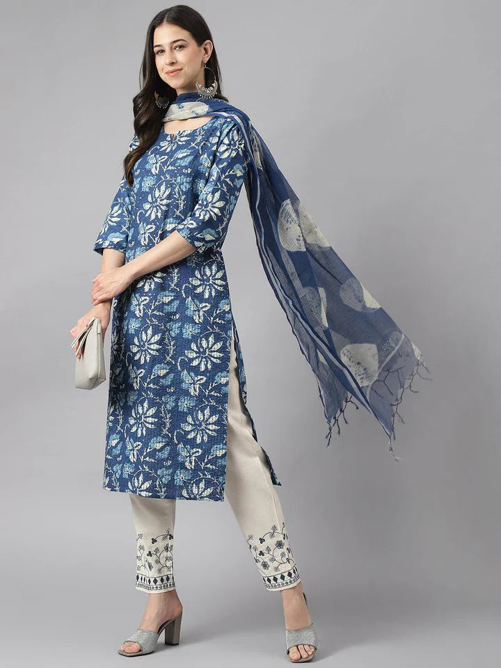 Indigo Floral Cotton Kurta pant Set with Dupatta