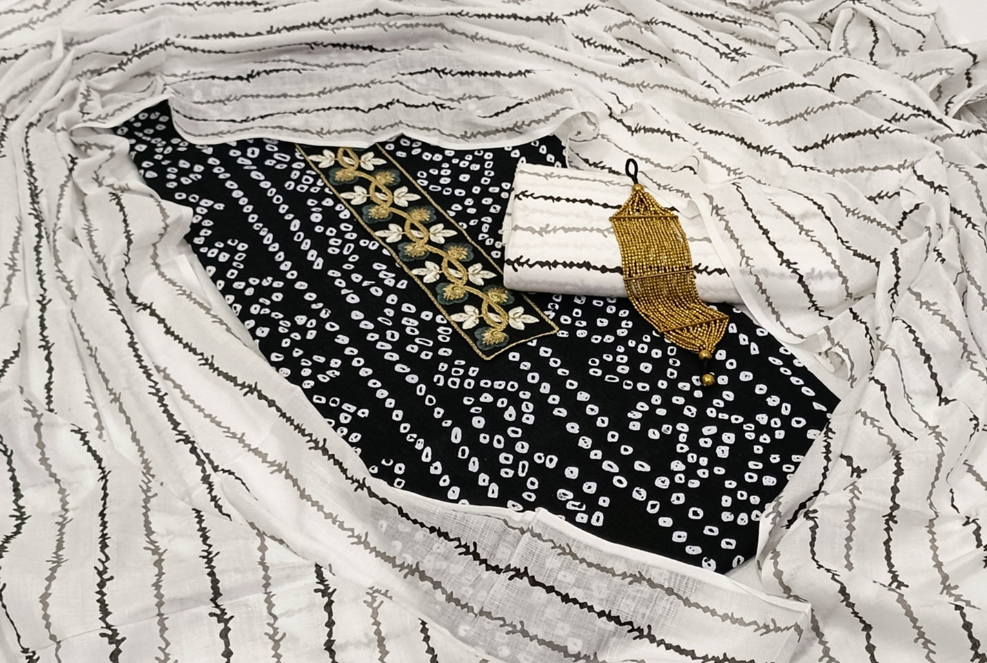 Elegant Black Cotton Embroidered Dress Material With Dupatta For Women