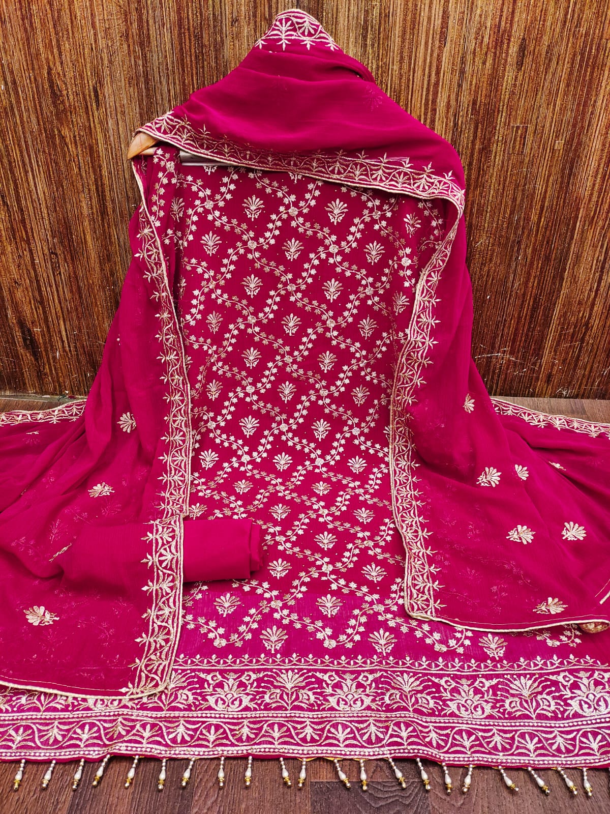Magenta Organza Silk Embroidered Dress Material (Unstitched)