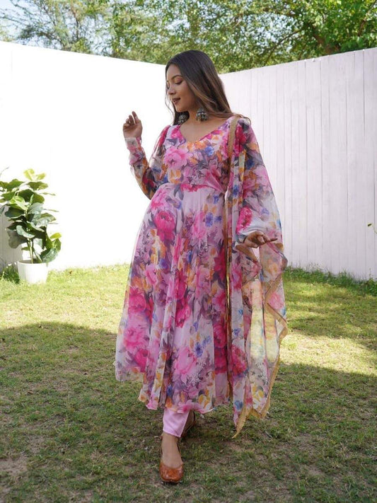 Women's Printed Designer Pink Anarkali Suit With Dupatta
