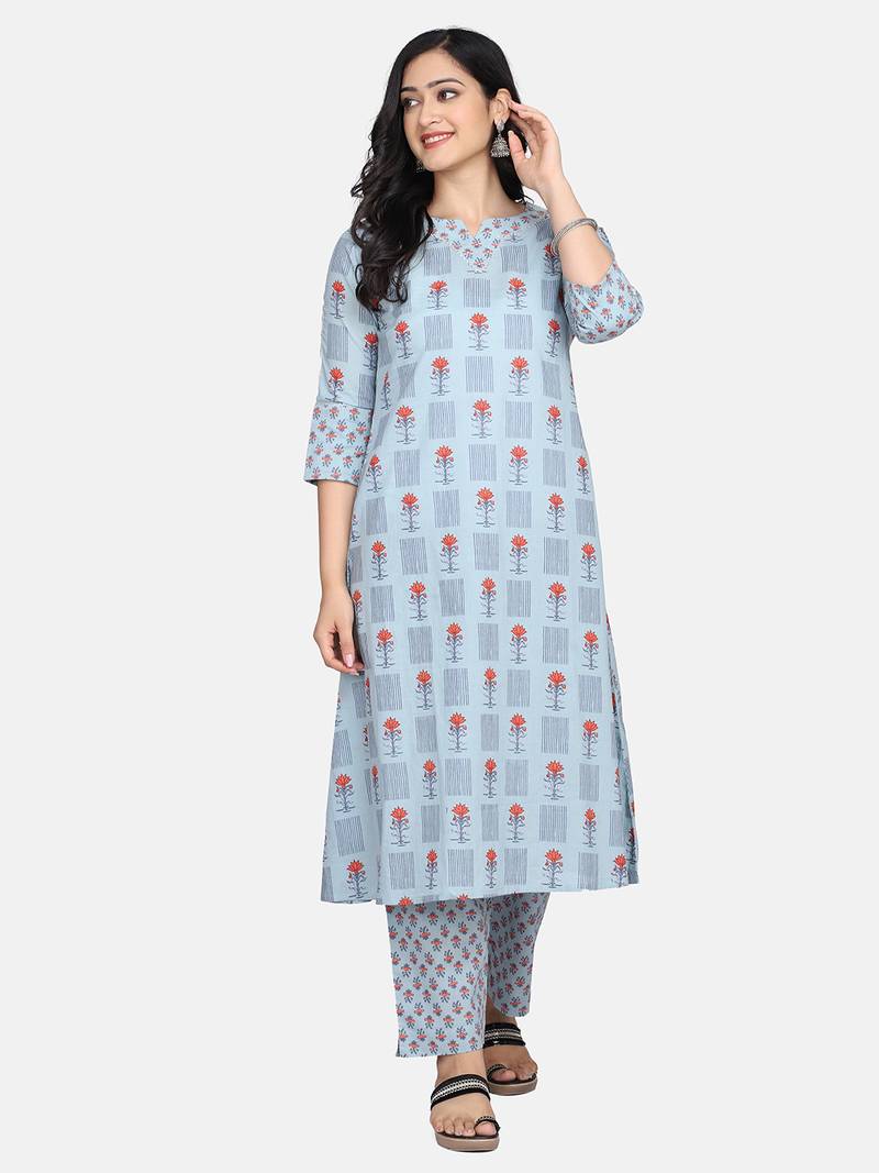 Stylish Cotton Blue Floral Printed Kurta With Pant And Dupatta Set For Women