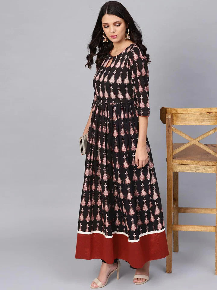 Black Printed Cotton Floor Length Anarkali Kurta