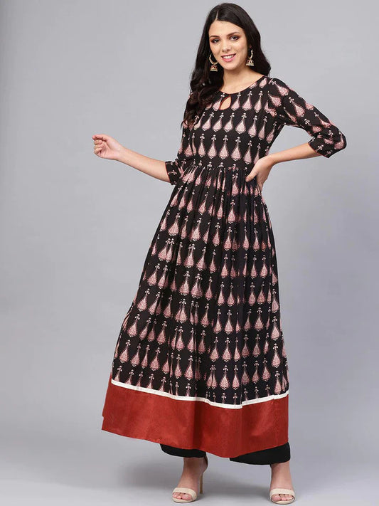 Black Printed Cotton Floor Length Anarkali Kurta
