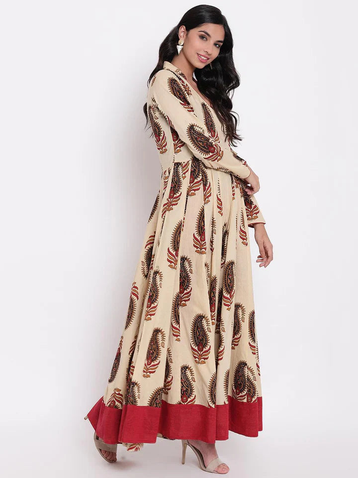 Cream Floor Length Cotton Anarkali Kurti