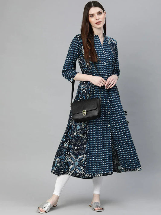 Navy Blue Printed A- Line Kurta
