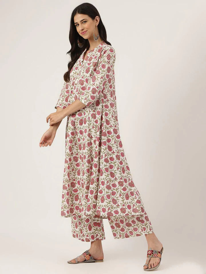 White Floral Printed Anarkali Kurta Palazo Set