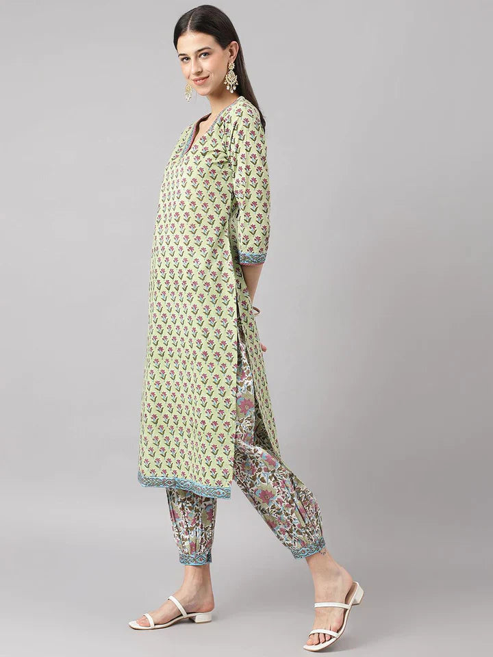 Stylish Green Cotton Printed Straight Kurta, Bottom and Dupatta Set