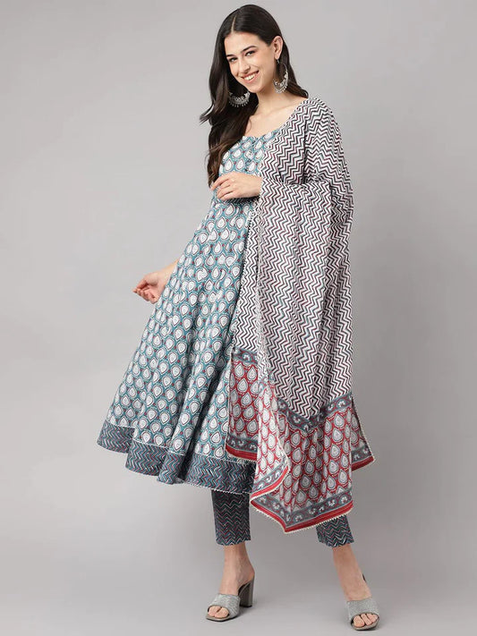 Stylish Blue Cotton Printed Anarkali Kurta, Bottom and Dupatta Set