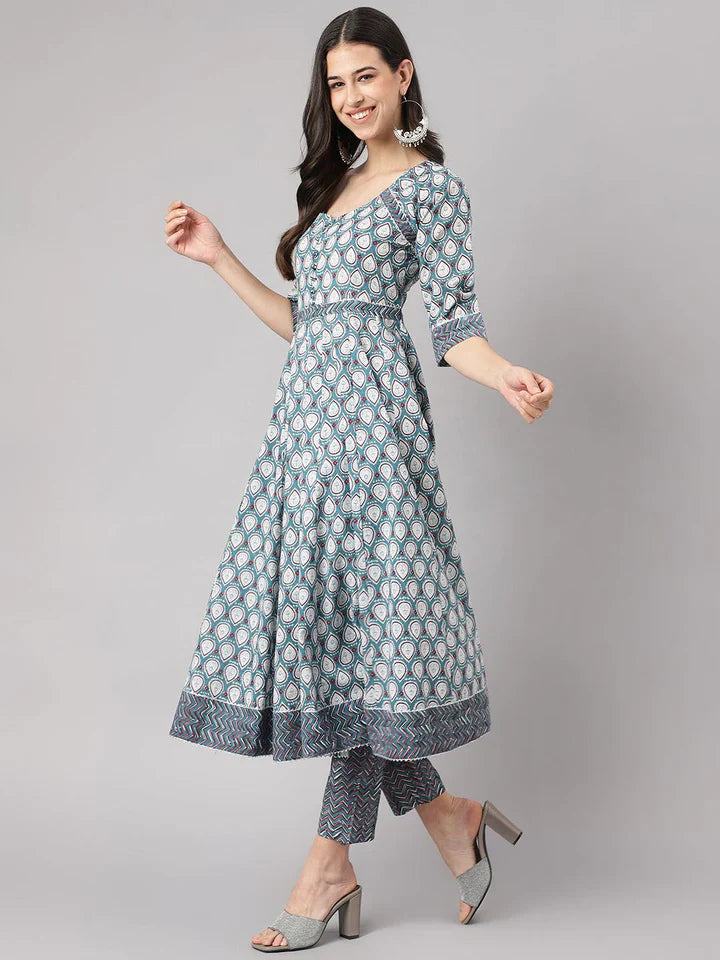 Stylish Blue Cotton Printed Anarkali Kurta, Bottom and Dupatta Set