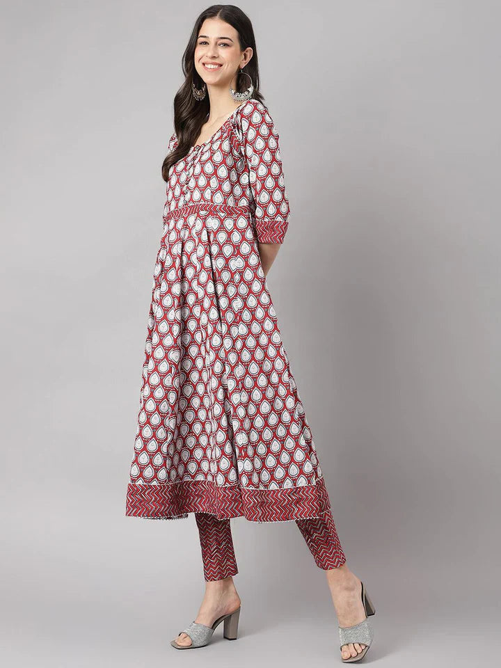 Stylish Maroon Cotton Printed Anarkali Kurta, Bottom and Dupatta Set
