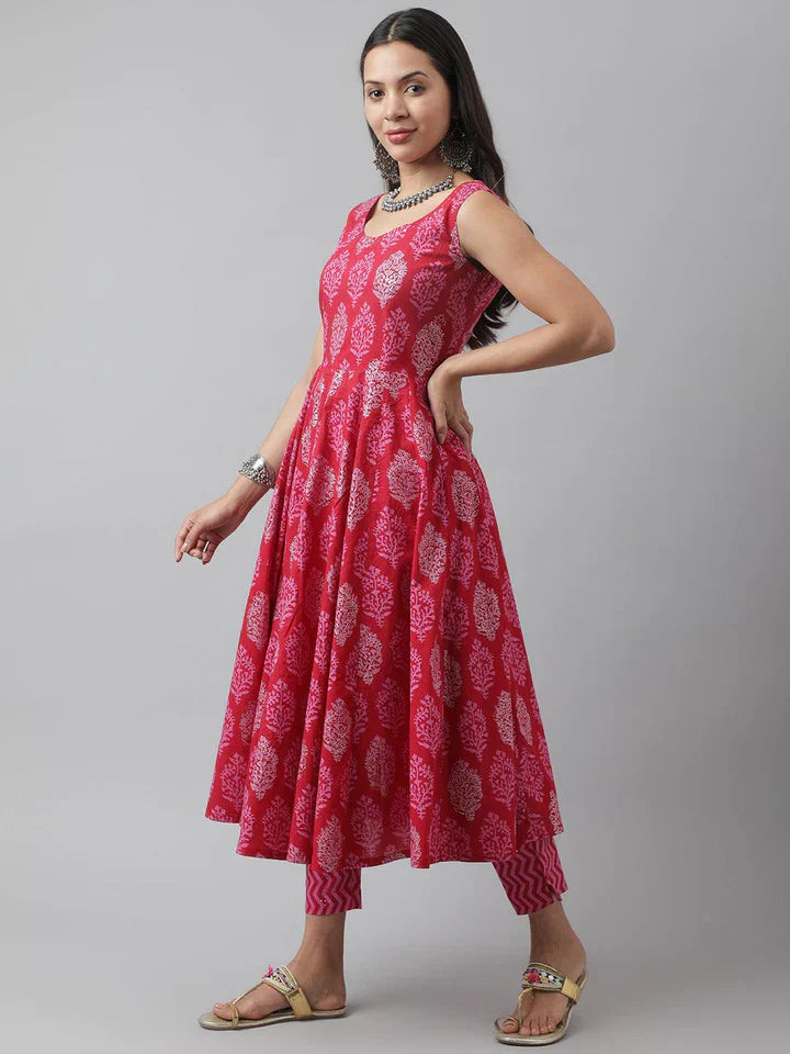 Magenta Floral Cotton Anarkali Kurta Pant Set with Dupatta