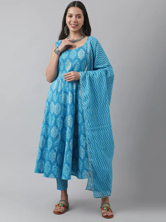 Stylish Blue Cotton Printed Straight Kurta, Bottom and Dupatta Set