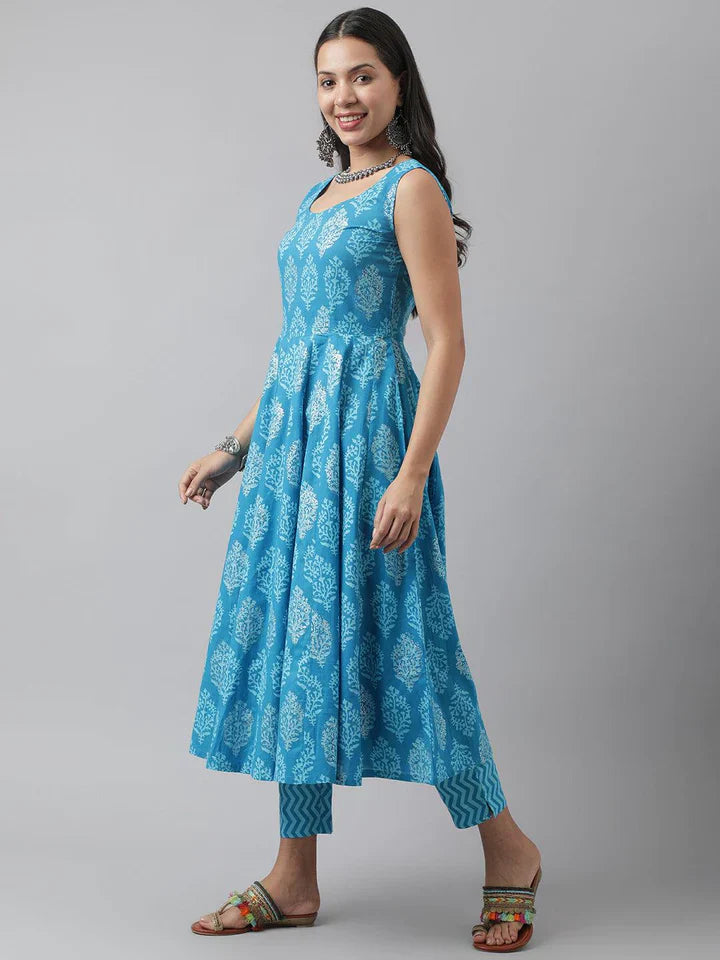 Stylish Blue Cotton Printed Straight Kurta, Bottom and Dupatta Set