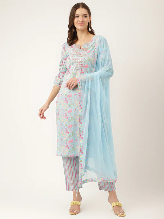 Blue Floral Print Cotton Kurta, Trouser With Dupatta