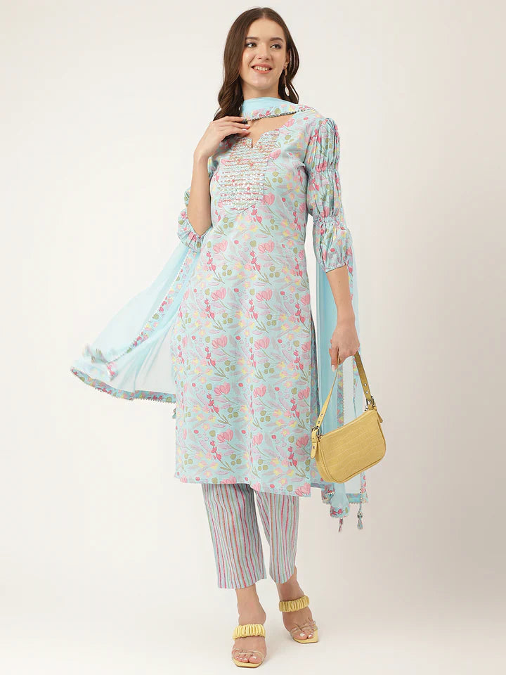 Blue Floral Print Cotton Kurta, Trouser With Dupatta