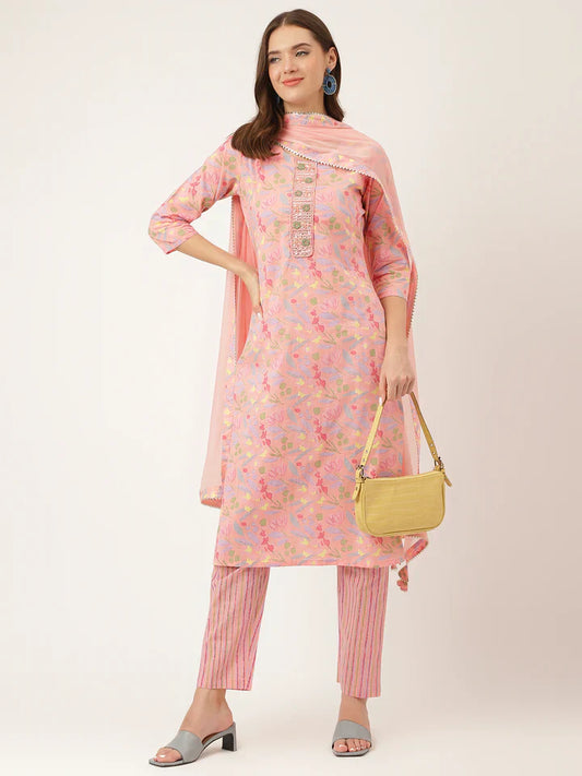 Pink Floral Print Cotton Kurta, Trouser With Dupatta