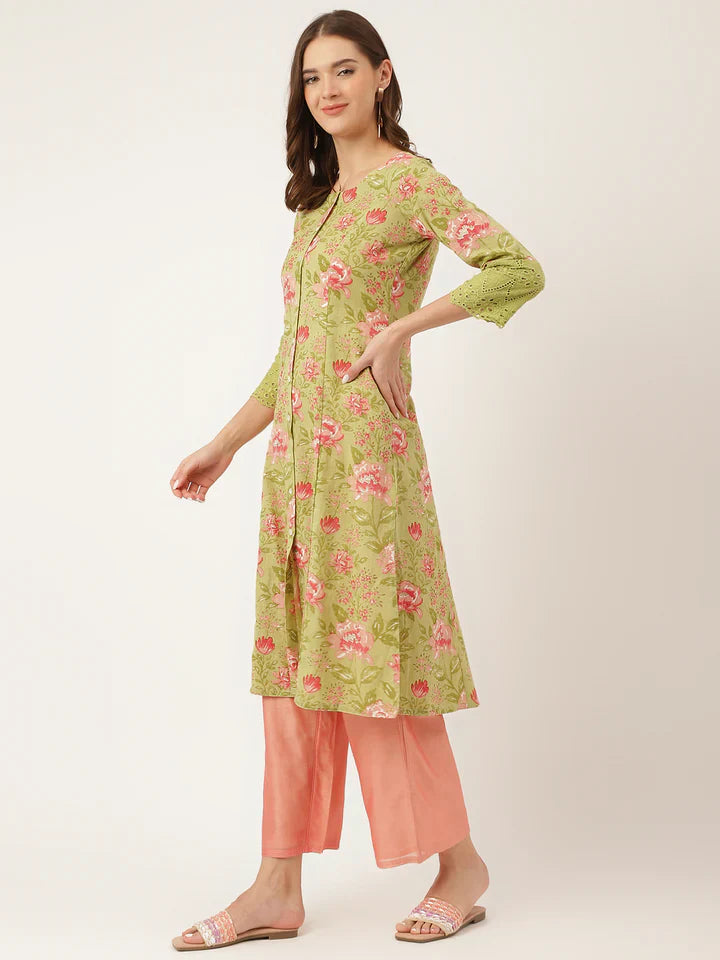 Green Floral Print Cotton A-Line Kurta