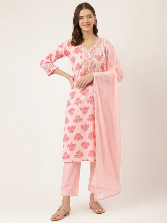 Pink Floral Print Cotton Kurta, Trouser & Dupatta