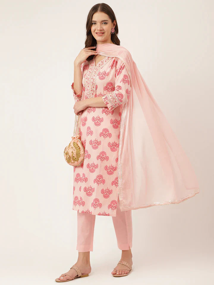 Pink Floral Print Cotton Kurta, Trouser & Dupatta