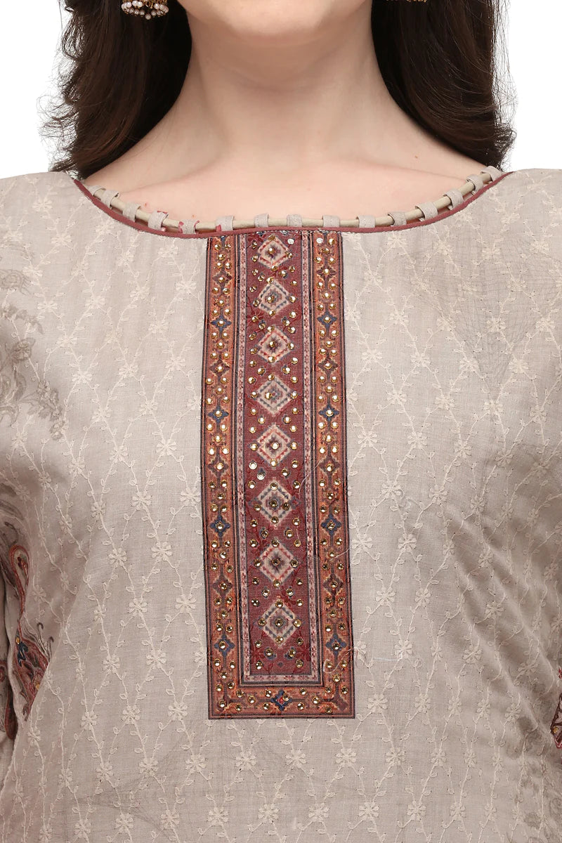 Faserz Light Beige Color Embroidered Cotton Ethnic Floral Digital Design Print Dress Material, Unstitched Suit Dupatta For Women (FZ-BRY-CTN-03)