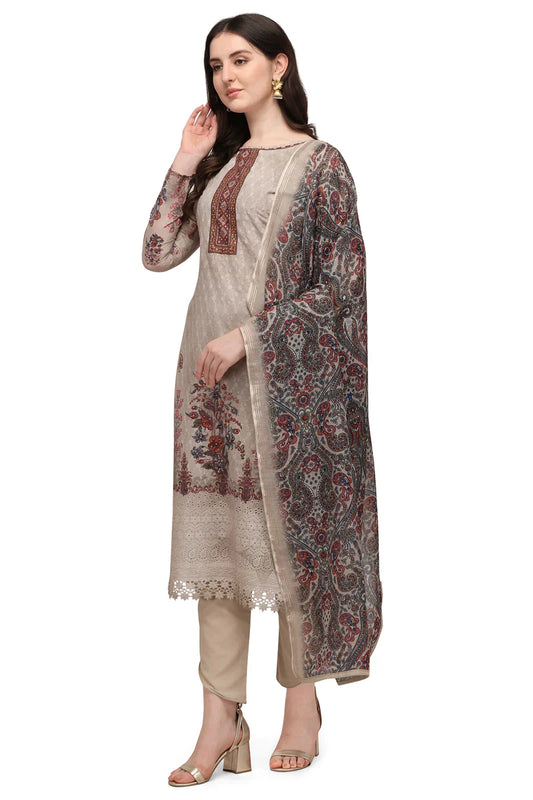 Faserz Light Beige Color Embroidered Cotton Ethnic Floral Digital Design Print Dress Material, Unstitched Suit Dupatta For Women (FZ-BRY-CTN-03)