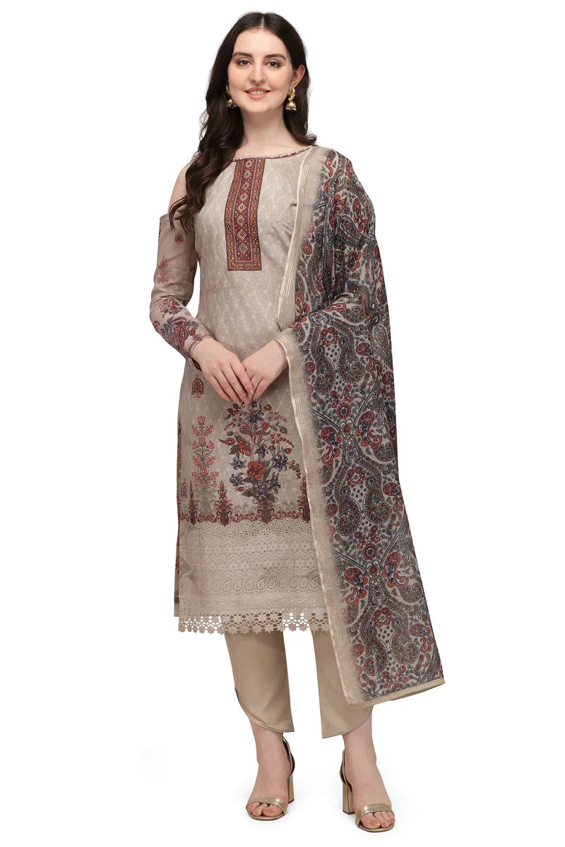Faserz Light Beige Color Embroidered Cotton Ethnic Floral Digital Design Print Dress Material, Unstitched Suit Dupatta For Women (FZ-BRY-CTN-03)