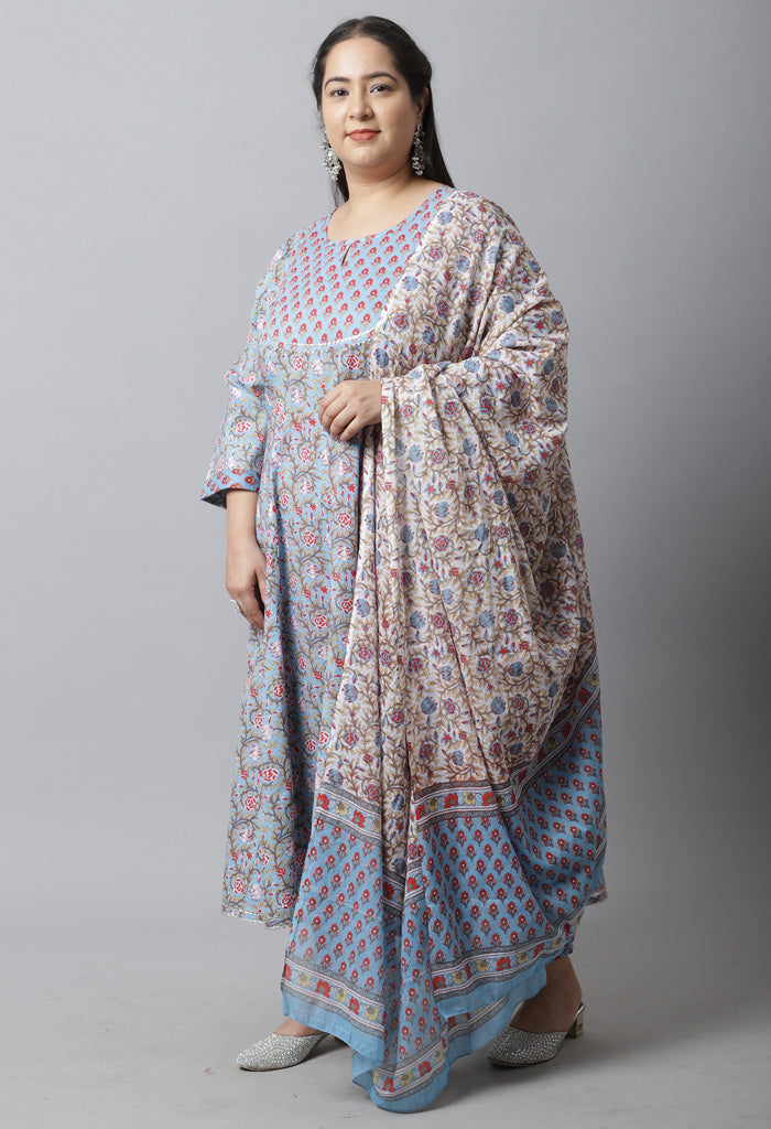 Women Pure Cotton Printed Plus Size Kurta Set With Dupatta