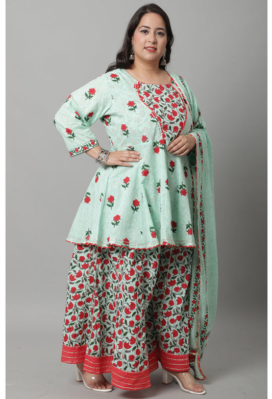 Stylish Plus Size Pure Cambric Cotton Printed Kurta Set With Dupatta For Women