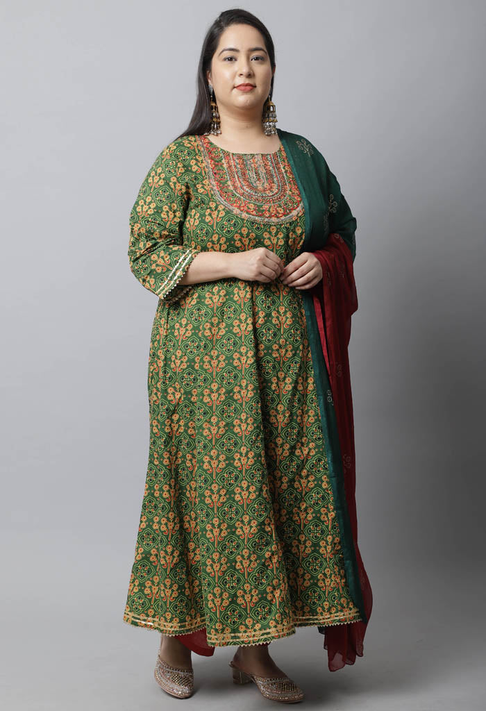 Women Pure Cotton Embroidered Plus Size Kurta Set With Dupatta