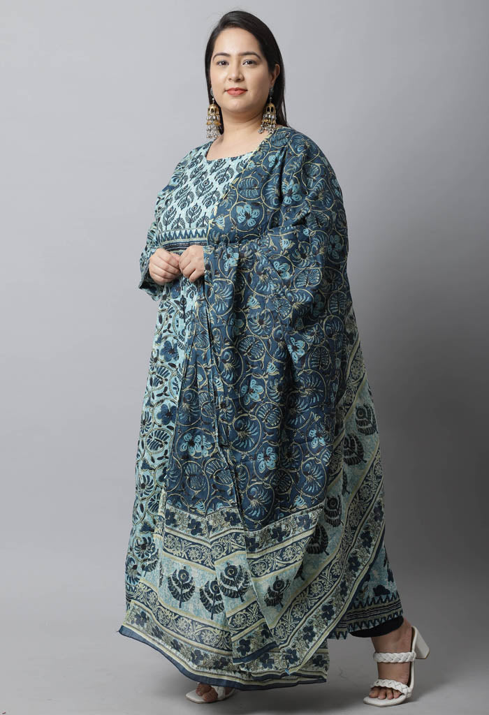Women Pure Cotton Printed Plus Size Kurta Set With Dupatta