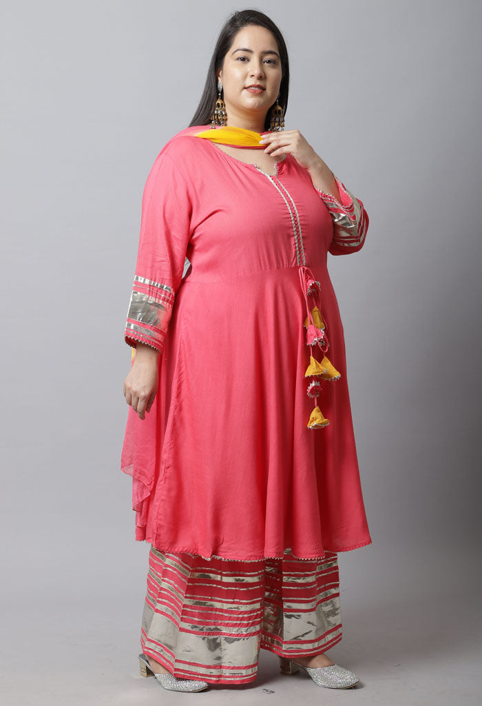 Women Pure Cotton Solid Plus Size Kurta Set With Dupatta