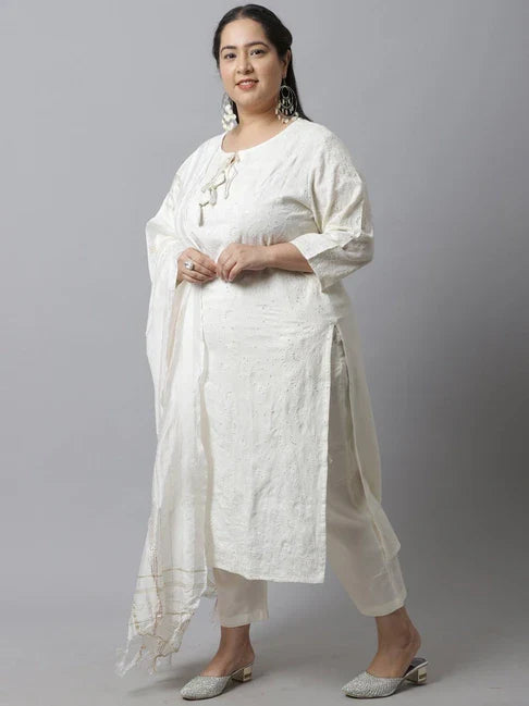 Women Pure Cotton Embroidered Plus Size Kurta Set With Dupatta