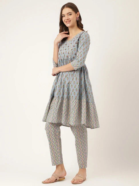 Stylish Blue Cotton Printed Straight Kurta Bottom Set