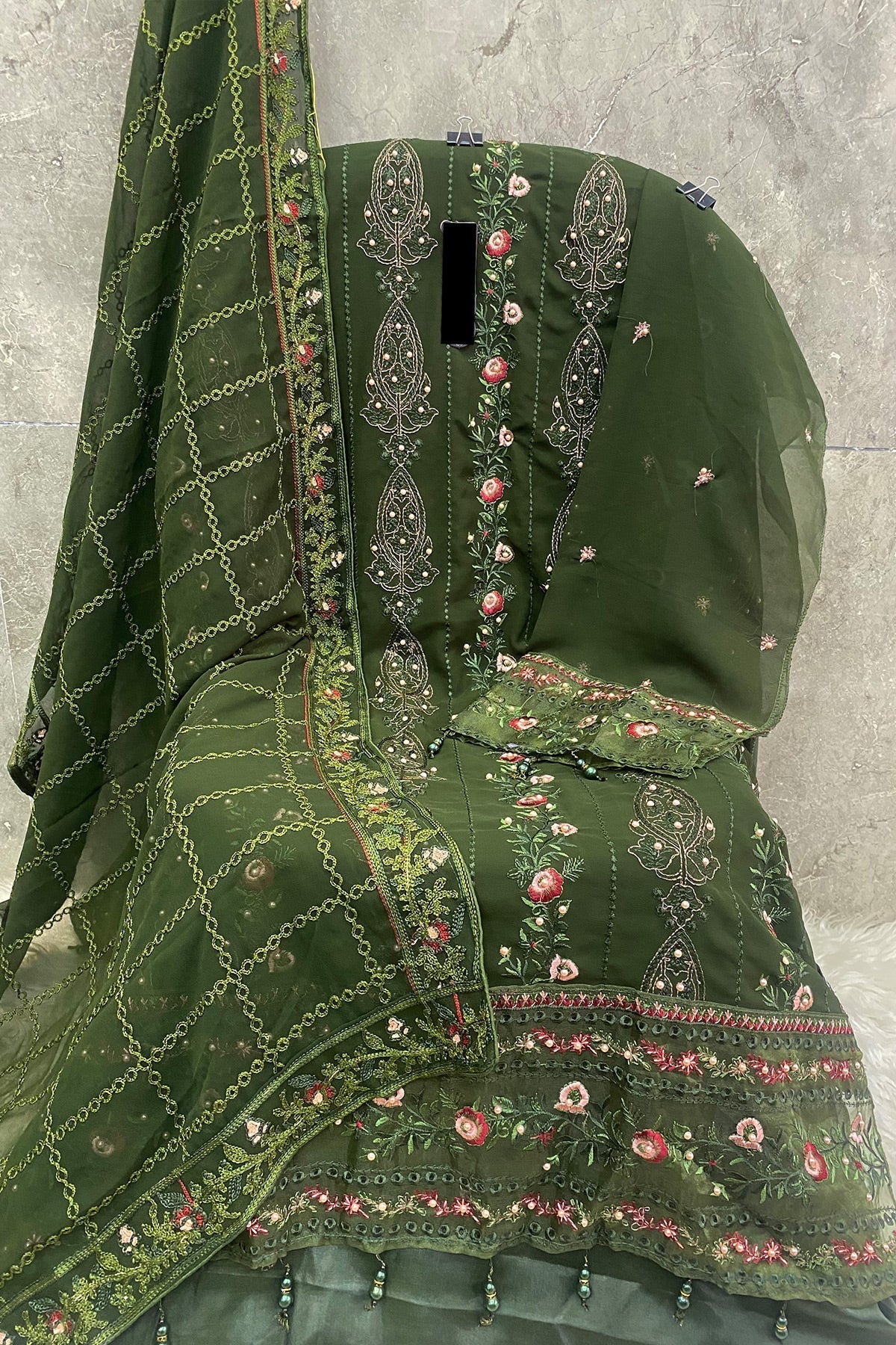 Elegant Green Georgette Dress Material with Dupatta For Women