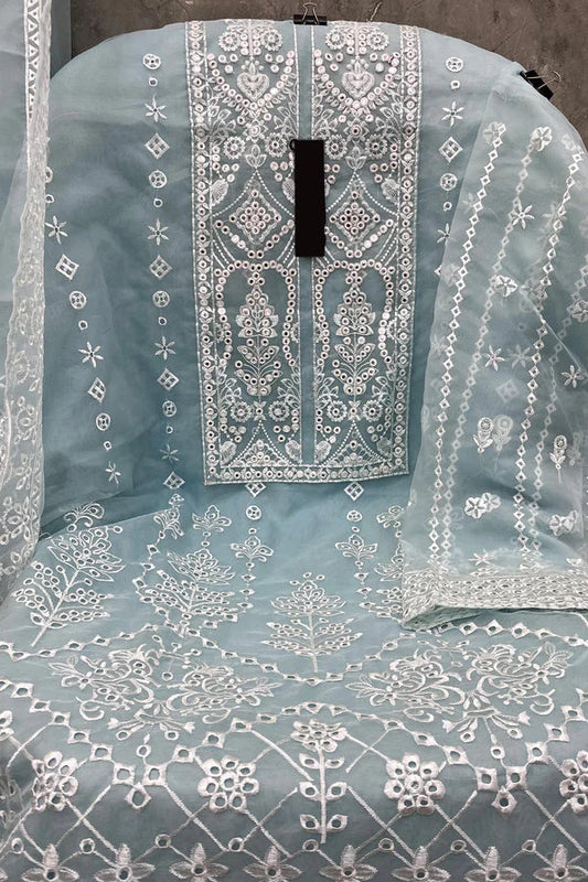 Elegant Blue Georgette Embroidered Dress Material with Dupatta For Women
