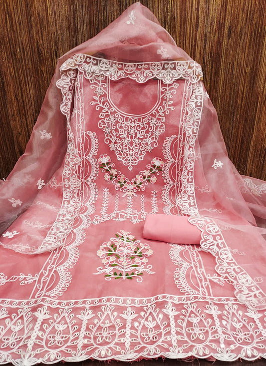 Pink Organza Silk Embroidered Dress Material (Unstitched)